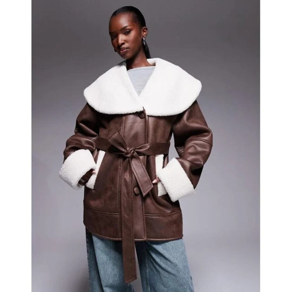NWOT The Frolic Faux Shearling and Cream Belted Coat in Brown S155
